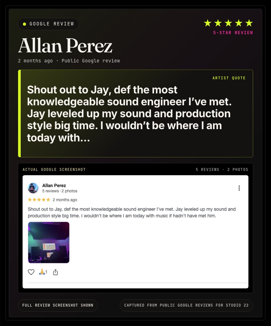 Google review from Allan Perez for Studio 22.