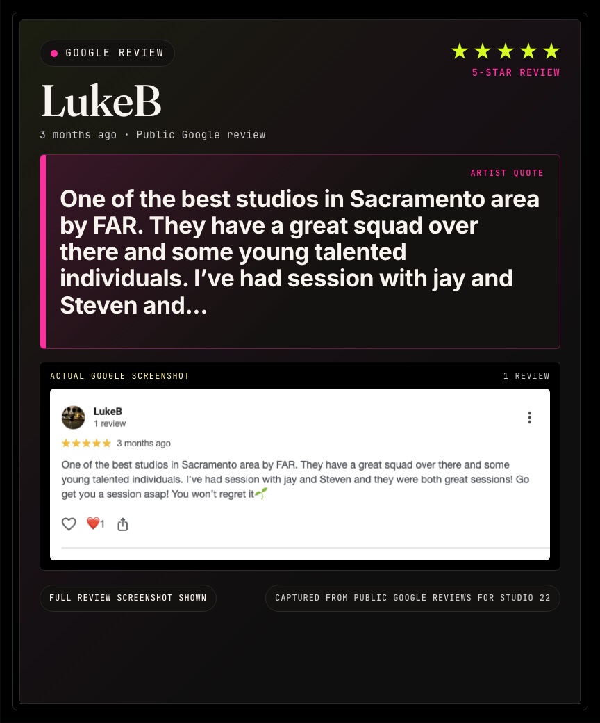 Google review from LukeB for Studio 22.