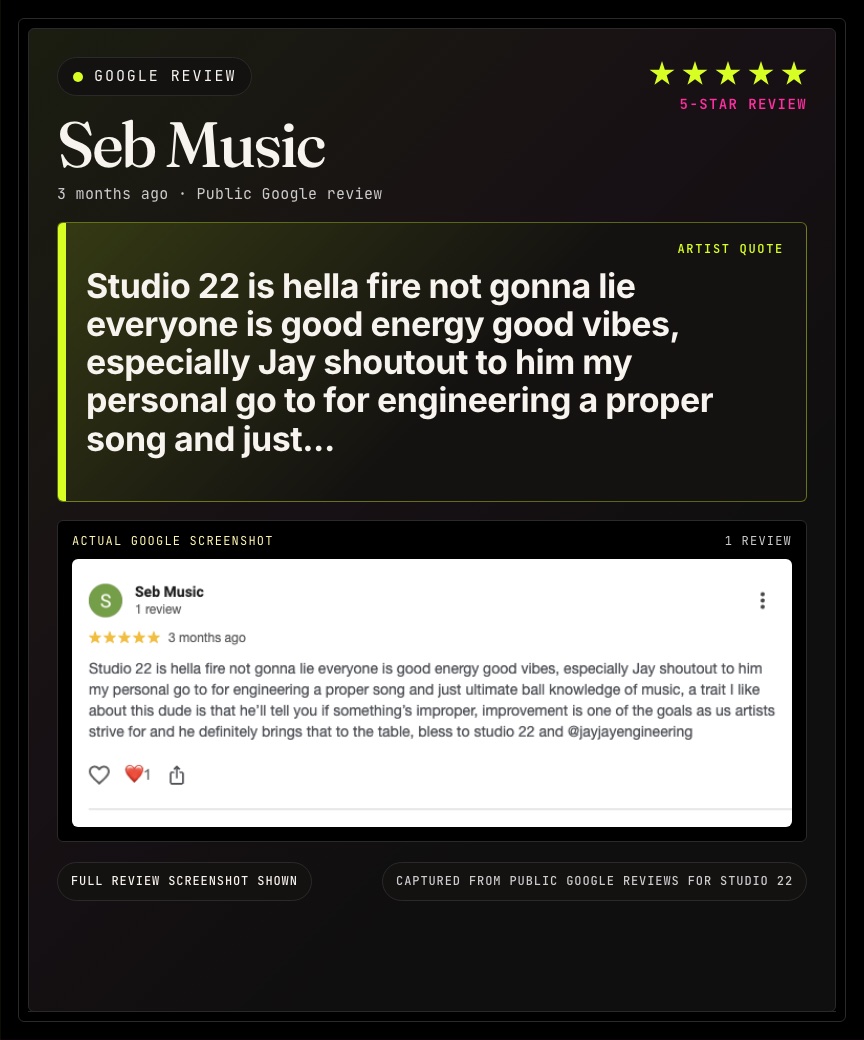 Google review from Seb Music for Studio 22.