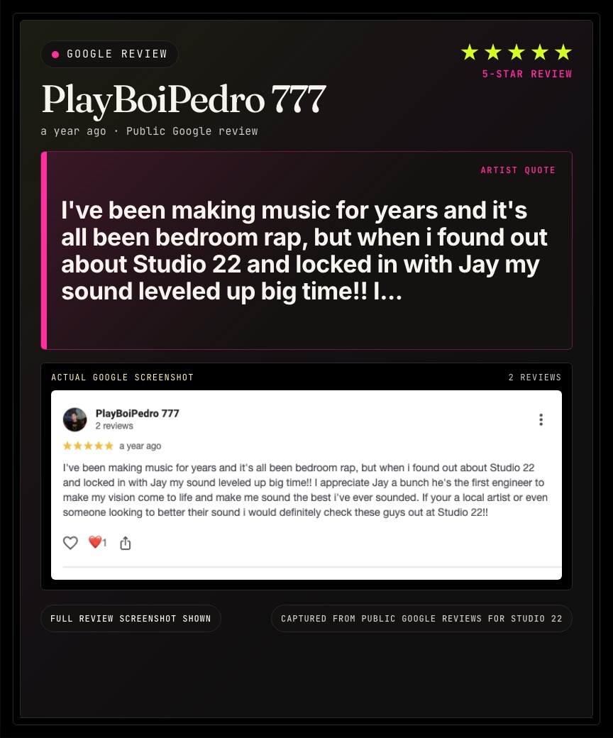 Google review from PlayBoiPedro 777 for Studio 22.