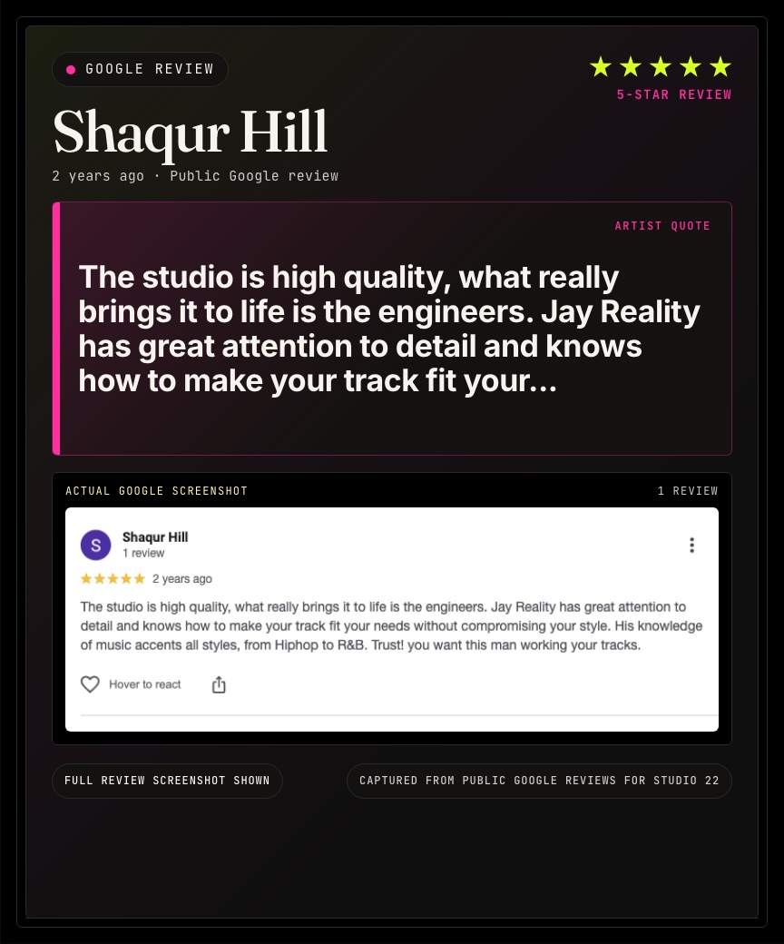 Google review from Shaqur Hill for Studio 22.