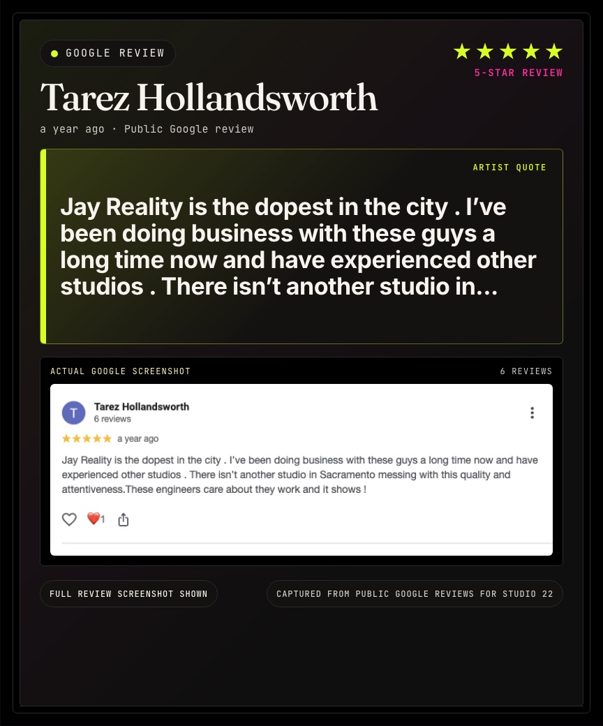 Google review from Tarez Hollandsworth for Studio 22.