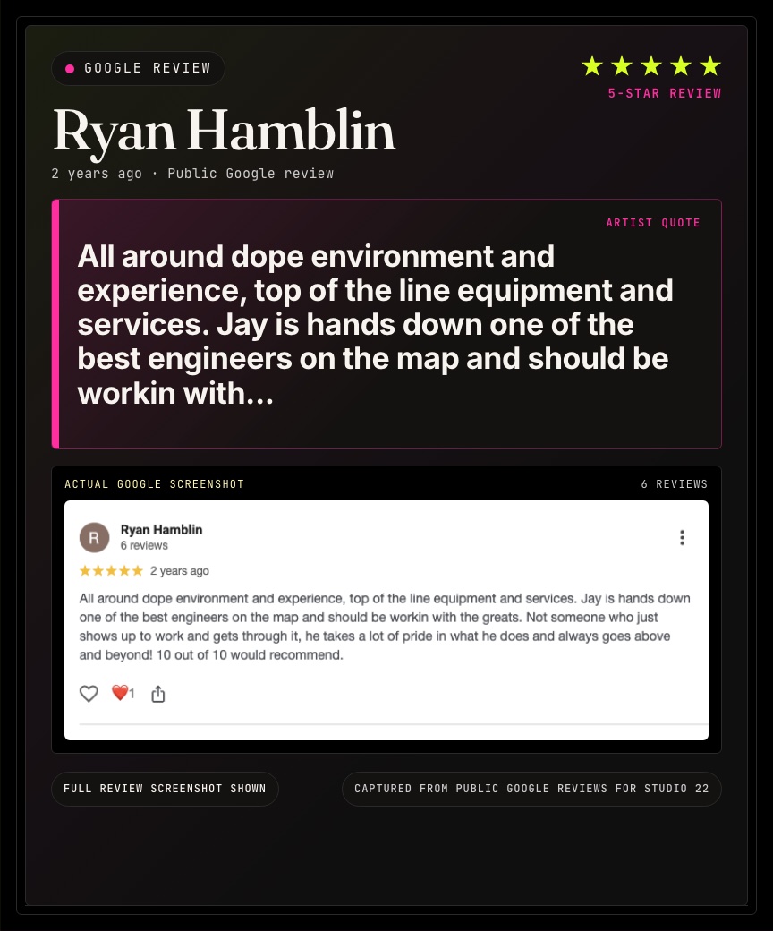 Google review from Ryan Hamblin for Studio 22.