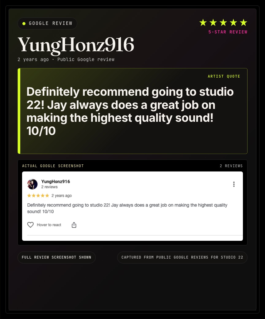 Google review from YungHonz916 for Studio 22.