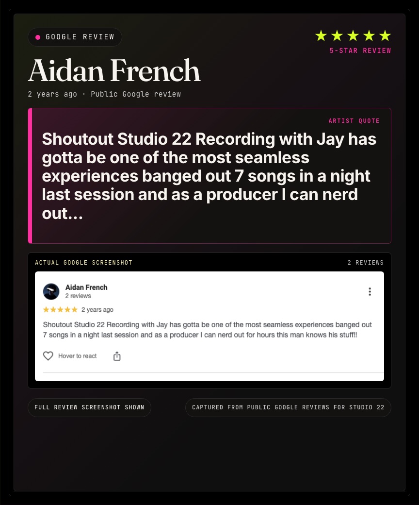 Google review from Aidan French for Studio 22.