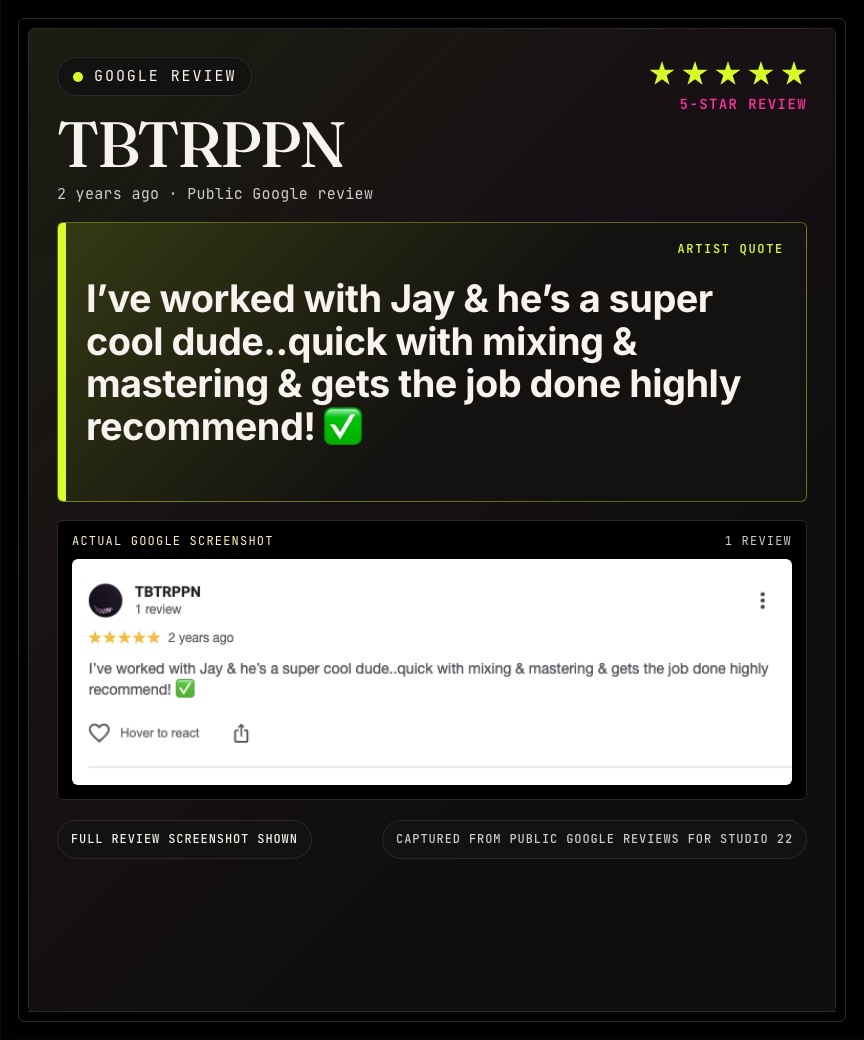 Google review from TBTRPPN for Studio 22.