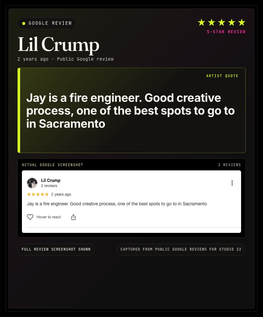 Google review from Lil Crump for Studio 22.