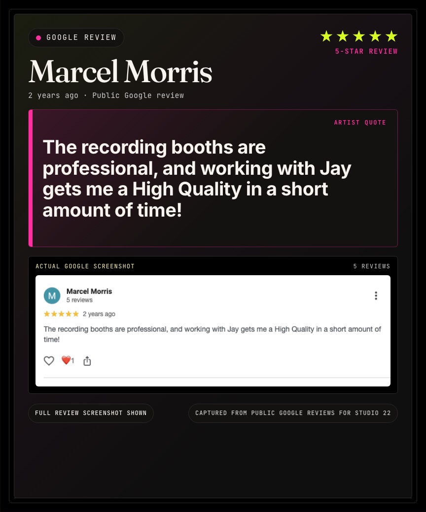Google review from Marcel Morris for Studio 22.